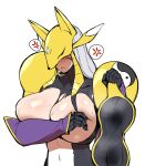  1girl anger_vein armor black_bodysuit black_gloves blush bodysuit breasts cero_rains closed_mouth covered_collarbone covered_eyes covered_navel covering_breasts covering_privates detached_sleeves digimon digimon_(creature) english_commentary facial_mark fox_mask gloves grey_hair highres holding large_breasts long_hair mask purple_sleeves sakuyamon shoulder_armor simple_background solo spoken_anger_vein steam sweat torn_bodysuit torn_clothes upper_body white_background yellow_armor yellow_mask yin_yang yin_yang_print 