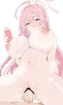  1boy 1girl absurdres aroused assertive_female bar_censor blue_archive blush bow braid breasts breath censored clitoral_hood completely_nude cowgirl_position erection girl_on_top green_eyes hair_between_eyes hair_bow halo hanako_(blue_archive) hetero highres large_breasts long_hair looking_at_viewer lotion lotion_bottle navel nipples nose_blush nude penis pink_hair pink_halo pussy sex simple_background smile solo_focus spread_legs steam straddling sweat vaginal watti3600 white_background 