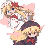  2girls black_dress black_hat blonde_hair blue_eyes blush bow capelet dress dual_persona fairy fairy_wings hair_bow hat hat_bow highres lily_black lily_white long_hair long_sleeves looking_at_viewer magg_(user_mtca8588) multiple_girls open_mouth red_bow red_eyes ribbon short_hair smile touhou white_capelet white_dress white_hat wide_sleeves wings 