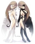  back-to-back black_vs_white breasts brown_hair copyright_request covered_nipples face fantasy holding_hands interlocked_fingers kyo_(kuroichigo) long_hair medium_breasts multiple_girls pointy_ears red_eyes single_wing wings 