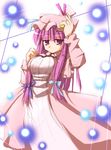  arm_up artist_request bangs crescent crescent_hair_ornament danmaku dress eyebrows_visible_through_hair hair_ornament hair_ribbon hat long_hair long_sleeves looking_at_viewer mob_cap patchouli_knowledge purple_eyes purple_hair ribbon side_ponytail simple_background solo touhou tress_ribbon 