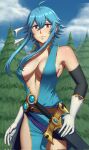  1girl ahoge armpits belt blue_hair blue_sky blue_tunic blush breasts brooch cleavage cloud commission commissioner_upload earrings elbow_gloves fire_emblem fire_emblem:_genealogy_of_the_holy_war forest gloves headband highres holding holding_sword holding_weapon if_they_mated jewelry looking_at_viewer mangho nature open_clothes open_shirt original outdoors pelvic_curtain popped_collar purple_eyes sash selia_(mrtalkingdino) sheath sheathed short_hair sideboob sidelocks sky smile solo standing sword thighs tomboy tree tunic unbuttoned unbuttoned_shirt underboob weapon white_headband 