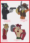activision aiming aiming_weapon anthro bandicoot belt black_body black_fur blue_eyes bottomwear brown_eyes clothing cougar cowboy cowboy_hat crash_bandicoot_(series) crunch_bandicoot domestic_cat dorian_zibowski eyewear felid feline felis flexible formal_wear fur g_bunn glasses gloves green_eyes grey_body grey_fur group gun hairy_breasts handgun handkerchief handkerchiefred_fur handwear hat headgear headwear hi_res kerchief lackadaisy male male/male mammal marsupial military_pants mohawk mordecai_heller necktie nipples pants pistol pose posing_for_picture procyonid raccoon ranged_weapon red_body revolver robotic_arm shirt sly_cooper_(series) solo sony_corporation sony_interactive_entertainment sucker_punch_productions suit tennessee_kid_cooper topwear tuxedo_cat vest weapon yellow_body yellow_fur