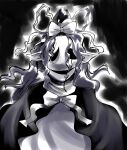  1boy capelet commentary cosplay english_commentary hat highres hollow_eyes hollow_mouth long_hair mima_(touhou) mima_(touhou)_(cosplay) monochrome scar_across_eyes smile solo sun_print touhou touhou_(pc-98) undertale utdr_(toby_fox) w.d._gaster wizard_hat yunarukami 