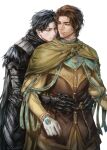  2boys armor black_armor black_hair brown_hair green_eyes grey_eyes highres hug hug_from_behind looking_at_another mabotnb multiple_boys smile sorcerer_rogier tarnished_(elden_ring) yaoi 