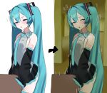  1girl ? absurdres akumuruji aqua_eyes aqua_hair aqua_necktie arrow_(symbol) backrooms_(creepypasta) black_skirt black_sleeves blush breasts collared_shirt confused cowboy_shot crotch_rub detached_sleeves female_masturbation grey_shirt hatsune_miku highres long_hair long_sleeves masturbation masturbation_through_clothes miniskirt motion_lines multiple_views necktie number_tattoo open_mouth pleated_skirt shirt shoulder_tattoo skindentation skirt sleeveless sleeveless_shirt small_breasts smile standing table table_humping tattoo twintails very_long_hair vocaloid 