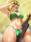  1girl absurdres adjusting_goggles armpits bikini blacksmith blonde_hair blue_eyes blurry blurry_background breasts cleavage commentary_request cowboy_shot crotch_rub freckles from_below front-tie_bikini_top front-tie_top gemma_(monster_hunter_wilds) gloves goggles goggles_on_head green_bikini high_ponytail highres holding i_b_(yaun2242) large_breasts long_hair looking_at_viewer looking_down monster_hunter_(series) monster_hunter_wilds navel parted_lips ponytail single_glove solo stomach sweat swimsuit yellow_gloves 