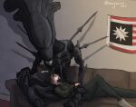 2025 absurd_res alien alien_(franchise) alien_humanoid clothed clothing digit_ring duo female flag fully_clothed furniture hand_on hand_on_partner's_chest head_on_lap hi_res human humanoid husband_and_wife inside jewelry male male/female mammal married_couple multi_arm multi_limb on_lap onomatopoeia partner ring sharp_teeth sitting sofa sound_effects tail teeth text wall_(structure) warjenkins wedding_ring xenomorph xenomorph_queen