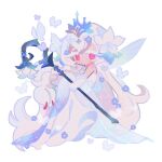  1girl absurdly_long_hair bare_shoulders blue_flower braid bug butterfly closed_mouth colored_eyelashes commentary cookie_run cookie_run:_kingdom dot_mouth dot_nose double-parted_bangs dress elbow_gloves expressionless fairy_wings flower full_body gloves green_wings hair_between_eyes hair_flower hair_ornament holding holding_staff invisible_chair leaf long_dress long_hair looking_at_viewer official_alternate_costume official_alternate_hairstyle pink_eyes reed side_braid simple_background single_braid sitting solo staff symbol-only_commentary very_long_hair white_background white_butterfly white_dress white_eyelashes white_flower white_gloves white_lily white_lily_cookie white_lily_cookie_(moonflower_faerie) wings 