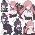  2girls aru_(blue_archive) blank_eyes blue_archive coat coat_on_shoulders collared_shirt commentary_request demon_horns garrison_cap gloves halo hand_on_own_hip haruka_(blue_archive) hat highres horns konntena long_hair long_sleeves looking_at_viewer multiple_girls multiple_views open_mouth pink_hair purple_eyes purple_hair purple_halo shirt simple_background smile white_background white_gloves white_shirt yellow_eyes 