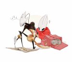  2girls arthropod_girl artist_name bag border bracelet cloak commentary film_grain full_body gold_bracelet halftone highres hightguy hollow_eyes hollow_knight hollow_knight:_silksong horned_mask hornet_(hollow_knight) jewelry looking_at_map map_(object) mask multiple_girls musical_note no_mouth notice_lines on_one_knee outline outside_border red_bag red_cloak rolled_up_paper round_border shakra_(hollow_knight) simple_background spoken_musical_note symbol-only_commentary white_border white_mask white_outline yellow_background 