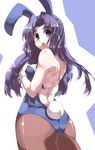  animal_ears asakura_ryouko ass back backless_outfit blue_eyes blush bunny_ears bunnysuit from_behind long_hair pantyhose purple_hair seamed_legwear side-seamed_legwear solo suzumiya_haruhi_no_yuuutsu tokyo_(great_akuta) 