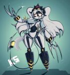 2025 accessory alternate_costume armor artist_initials artist_name blade_fingers bottomless cel_shading chain_accessory christian_cross christian_symbol christianity claws clothed clothing cosplay cross crucifix cyan_background diligence_(the_gaslight_district) disassembly_drone featureless_chest featureless_crotch female full-length_portrait glistening glistening_claws glitch_productions glowing glowing_eyes hair hair_accessory hat hazard_stripes headgear headwear humanoid j_(murder_drones) lkairosartl long_hair looking_at_viewer machine mostly_nude murder_drones not_furry open_mouth open_smile pauldron pauldron_only portrait religion religious_symbol robot robot_humanoid screen_eyes shaded shoulder_pads simple_background small_waist smile solo stinger_tail syringe_tail text the_gaslight_district thick_thighs twintails_(hairstyle) wasp_waist white_body white_hair wide_hips