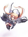  bardiche blonde_hair cape coat fate_testarossa gauntlets gloves hair_ribbon long_hair lyrical_nanoha magical_girl mahou_shoujo_lyrical_nanoha_strikers red_eyes ribbon single_gauntlet single_glove soba_(saz) solo thighhighs twintails zettai_ryouiki 