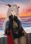  1girl absurdres aegir_(azur_lane) azur_lane backward-facing_horns bare_shoulders black_cape black_gloves black_skirt bodystocking breast_curtains breasts cape chinese_commentary commentary_request covered_navel cowboy_shot cross cross_earrings demon_horns earrings elbow_gloves gloves hair_between_eyes highres horns iron_cross jewelry large_breasts leaning_back looking_at_viewer miniskirt multicolored_hair outdoors red_horns red_streaks skirt solo streaked_hair sunset two-tone_cape user_mmrk3424 water yellow_eyes 