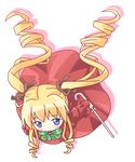  blonde_hair bow bowtie chibi dress drill_hair flying from_above full_body green_bow green_neckwear long_hair long_sleeves looking_at_viewer mirai_(sugar) red_dress rozen_maiden shinku sidelocks simple_background solo twin_drills twintails white_background 
