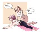  2girls amaori_haruna blush cottonswab336 highres korean_text lying multiple_girls on_stomach pants sena_ajisai stretching surprised watashi_ga_koibito_ni_nareru_wake_naijan_murimuri! yoga yoga_pants 