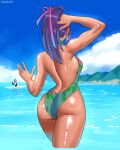  2girls absurdres ass backless_swimsuit beghastart blue_hair blue_sky breasts bridal_gauntlets cloud commentary earrings english_commentary eyewear_on_head from_behind green_one-piece_swimsuit halterneck highres jewelry luna_snow luna_snow_(cool_summer) marvel marvel_rivals mountain multicolored_hair multiple_girls ocean one-piece_swimsuit pink_hair ponytail psylocke psylocke_(breezy_butterfly) purple_hair sideboob sky sparkle sunglasses surfboard swimsuit tan toned toned_female wading waving x-men 