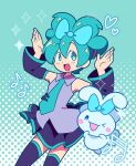  1boy 1girl :d aqua_background aqua_bow aqua_eyes aqua_hair aqua_necktie beamed_sixteenth_notes ben-day_dots black_skirt black_sleeves blush bow bow-shaped_hair cinnamoroll detached_sleeves dog eighth_note fuwa_fuwa_cinnamoroll grey_shirt hair_bow hatsune_miku heart highres long_hair musical_note necktie one_eye_closed sanrio screentones shirt skirt sleeveless sleeveless_shirt smile sparkle vocaloid white_dog yuki_oto 
