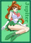  artist_request back_bow bishoujo_senshi_sailor_moon boots bow breasts brown_hair character_name choker earrings elbow_gloves gloves green green_background green_eyes green_footwear green_sailor_collar green_skirt hair_bobbles hair_ornament impossible_clothes impossible_shirt jewelry kino_makoto large_breasts legs long_hair magical_girl pink_bow ponytail sailor_collar sailor_jupiter sailor_senshi_uniform shirt skirt solo tiara white_gloves 