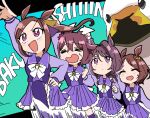  animal_ears bird blush bow brown_hair duck ear_ornament ffzm0 flower_in_eye gold_hairband hairband horse_ears horse_girl horse_tail horseshoe_ornament long_hair multiple_girls open_mouth ponytail purple_eyes purple_shirt sakura_bakushin_o_(umamusume) sakura_chitose_o_(umamusume) sakura_chiyono_o_(umamusume) sakura_laurel_(umamusume) school_uniform shirt smile symbol_in_eye tail tracen_school_uniform umamusume umamusume:_cinderella_gray 