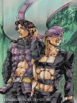  2boys abs araki_hirohiko_(style) belt belt_buckle black_pants blonde_hair buckle cleavage_cutout clothing_cutout coat commission domino_mask earrings eye_mask faux_traditional_media grey_eyes hand_in_own_hair highres illuso jewelry jojo_no_kimyou_na_bouken licking_lips long_hair looking_to_the_side male_focus mask melone multicolored_hair multiple_boys pants purple_coat purple_hair purple_mask raatha2909 standing toned toned_male tongue tongue_out two-tone_hair vento_aureo yellow_belt yellow_lips 