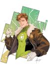  black_bodysuit bodysuit bomber_jacket brown_hair covered_abs dc_comics gloves green_bodysuit green_lantern green_lantern_(series) green_lantern_corps grey_bodysuit hal_jordan highres jacket large_pectorals looking_at_viewer male_focus multicolored_bodysuit muscular muscular_male pectorals power_ring_(green_lantern) short_hair smile superhero_costume two-tone_bodysuit white_gloves who_thehell_is 