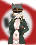  1girl absurdres animal_ears blonde_hair blue_archive blue_eyes blurry blurry_background breasts cross germany green_jacket hair_over_one_eye hat highres iron_cross jacket k3bbys kanna_(blue_archive) large_breasts medal military_hat military_uniform navel nazi police sharp_teeth swastika teeth 