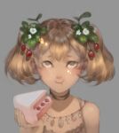  1girl :t black_choker brown_hair cake cake_slice choker closed_mouth commentary double-parted_bangs eating english_commentary flower food grey_background grey_eyes hair_flower hair_ornament holding holding_cake holding_food jewelry looking_at_viewer lydialing_draws necklace nose original short_hair short_twintails simple_background sketch solo straight-on twintails upper_body 