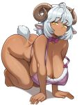  1girl absurdres ahoge all_fours animal_ears borrowed_character bow bowtie breasts brown_horns cleavage commentary covered_nipples curled_horns dark-skinned_female dark_skin goat_ears goat_girl goat_horns highres horns huge_breasts looking_at_viewer melonpuff original pink_bow pink_bowtie simple_background solo tail white_background white_hair yellow_eyes 