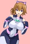 1girl bare_shoulders bodysuit breasts brown_hair commentary_request covered_nipples elbow_gloves fumina_avatar gloves gundam gundam_build_fighters gundam_build_fighters_try gundam_build_metaverse highres hoshino_fumina konpotsu large_breasts looking_at_viewer open_mouth pink_background purple_eyes simple_background sleeveless sleeveless_bodysuit smile solo 