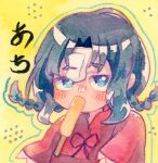  1girl black_ribbon blue_eyes blue_hair blush braid commentary_request food food_in_mouth jiangshi looking_at_viewer miyako_yoshika neck_ribbon no_headwear ofuda painting_(medium) popsicle popsicle_in_mouth pppppks red_shirt ribbon shirt short_hair short_sleeves solo touhou traditional_media twin_braids upper_body watercolor_(medium) yellow_background 