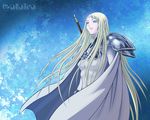  armor artist_request blonde_hair cape claymore claymore_(sword) galatea_(claymore) long_hair silver_eyes solo sword wallpaper weapon 