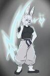 anthro blue_eyes cosplay electricity electricity_manipulation elemental_manipulation fur gojo_satoru grey_background hair hi_res jujutsu_kaisen lagomorph leporid male mammal rabbit rakurai_(templar_ponyboy) simple_background solo templar_ponyboy white_body white_fur white_hair