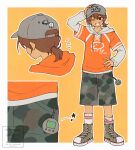  1boy ;d adjusting_clothes adjusting_headwear arm_up artistic_error baseball_cap black_eyes border bright_pupils brown_hair camouflage camouflage_shorts clothes_writing commentary converse dark-skinned_male dark_skin double-parted_bangs double_horizontal_stripe drawstring english_text full_body green_shoes grey_hat grey_hoodie grey_shorts grin hair_between_eyes hair_tie hand_on_own_hip hat hector_(omori) highres hood hood_down hoodie jash_(omori) kel_(birthday)_(omori) kel_(faraway)_(omori) kel_(omori) kiimorisame kneehighs layered_sleeves leg_hair long_sleeves looking_at_viewer low_ponytail male_focus multiple_views official_alternate_costume official_alternate_hairstyle omori one_eye_closed orange_shirt outline outside_border ponytail puffy_long_sleeves puffy_sleeves shirt shoelaces shoes short_hair short_over_long_sleeves short_ponytail short_sleeves shorts smile socks standing star_(symbol) straight-on symbol-only_commentary twitter_username watermark white_border white_outline white_pupils white_socks 