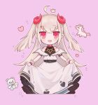  1girl ahoge alternate_hair_length alternate_hairstyle arm_strap bare_shoulders belt belt_collar blush bracelet broken_heart_print collar cropped_legs cross cross_print crown curled_horns demon_horns dress fang frilled_dress frills fu_su_ru gloves grey_hair hair_between_eyes heart heart_print highres horns jewelry long_dress long_hair looking_at_viewer makaino_ririmu makaino_ririmu_(1st_costume) nijisanji off-shoulder_dress off_shoulder open_mouth pink_background pointy_ears red_collar red_eyes red_horns shirt_under_dress sidelocks skirt_hold solo standing star_(symbol) straight-on stuffed_animal stuffed_toy teddy_bear two_side_up undershirt unicorn virtual_youtuber white_dress white_gloves 