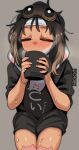  1girl =_= black_shirt blush cup drinking ergot hair_down hot_drink jewelry mask mask_on_head messy_hair original oversized_clothes pajamas ring shirt sick sleep_mask sleepwear sleepy sweatdrop tina_(ergot) wedding_ring 
