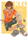  1boy :d arm_support baseball_cap border bright_pupils brown_eyes brown_hair camouflage camouflage_shorts character_name chromatic_aberration clothes_writing commentary converse crossed_ankles dark-skinned_male dark_skin double-parted_bangs double_horizontal_stripe drawstring elbow_on_knee english_commentary english_text full_body green_shoes green_shorts grey_hat grey_hoodie grey_socks grin hair_behind_ear hair_between_eyes halftone halftone_background hat hector_(omori) highres hood hood_down hoodie instagram_logo instagram_username kel_(birthday)_(omori) kel_(faraway)_(omori) kel_(omori) knee_up kneehighs layered_sleeves leg_hair lightning_bolt_symbol long_sleeves looking_at_viewer low_ponytail male_focus maromichan official_alternate_costume official_alternate_hairstyle omori orange_shirt outside_border ponytail puffy_long_sleeves puffy_sleeves shirt shoelaces shoes short_hair short_over_long_sleeves short_ponytail short_sleeves shorts simple_background sitting smile socks solo tareme twitter_username unworn_hat unworn_headwear white_border white_pupils yellow_background 