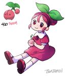  1girl artist_name cherubi child drinking_straw hairband highres korean_commentary looking_at_viewer personification pink_eyes pink_hair pink_hairband pokemon pokemon_(creature) short_hair simple_background smile socks solo tamtamdi translated white_background white_socks 