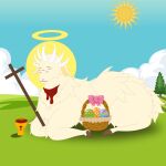 7_eyes 7_horns abrahamic_mythology absurd_res basket biblical blood blue_sky bodily_fluids bovid bow_ribbon caprine christianity cloud container cross cup deity devine easter easter_egg feral field fur goblet gore grass halo happy hi_res holidays holy hooves horn jesus_christ lamb_of_god male mammal mandro22 multi_eye multi_horn ovis plant religion religious_symbol sheep sky slit_throat solo spirit sun sunny_day tail tree white_body white_fur white_wool wool_(fur)
