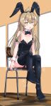  1girl ahoge animal_ear_hairband animal_ears black_leotard black_thighhighs blonde_hair blush bow bowtie brown_eyes chair collarbone detached_collar fake_animal_ears flat_chest hairband highres huge_ahoge indoors jitome leotard long_hair looking_at_viewer minami-ke minami_chiaki no_shoes on_chair open_mouth playboy_bunny rabbit_ear_hairband rabbit_ears sitting solo steam steaming_body strapless strapless_leotard thighhighs window wooden_floor wrist_cuffs yuukin 