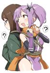  2girls ? bound brown_hair gauntlets gazacy_(dai) glasses green_hoodie hair_ornament hairclip highres hood hoodie japanese_clothes kimono koga_konoha kusagakure_satoko medium_hair multiple_girls ninja_to_koroshiya_no_futarigurashi orange_scarf purple_kimono rope scarf shuriken_hair_ornament side_ponytail sleeveless sleeveless_kimono spoken_question_mark sweatdrop tied_up_(nonsexual) 