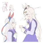  2girls ahoge animal_ears blue_eyes blue_hairband blush bow bowtie chocolate closed_mouth ear_covers ear_ornament english_text eye_contact food food_in_mouth grey_hair grey_tail hair_between_eyes hair_ornament hairband headband highres holding holding_food holding_pocky horse_ears horse_girl horse_tail koppiaa long_hair long_sleeves looking_at_another mouth_hold multicolored_hair multiple_girls oguri_cap_(umamusume) pocky pocky_day pocky_in_mouth purple_sailor_collar purple_serafuku purple_shirt purple_skirt red_headband sailor_collar sailor_shirt school_uniform serafuku shirt skirt striped_clothes striped_hairband tail tamamo_cross_(umamusume) tracen_school_uniform umamusume very_long_hair white_bow white_bowtie yuri 