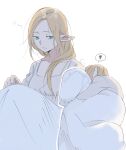  1girl blonde_hair commentary dungeon_meshi elf frs2 green_eyes half-closed_eyes highres hugging_object long_hair marcille_donato messy_hair nightgown parted_bangs pillow pillow_hug pointy_ears sleepy speech_bubble squeans symbol-only_commentary white_background white_nightgown 