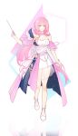  1girl absurdres blue_eyes bow_(music) breasts chinese_commentary commentary_request dress elf elysia_(honkai_impact) full_body hair_ornament high_heels highres holding holding_bow_(music) honkai_(series) honkai_impact_3rd large_breasts long_hair nswwenzi official_alternate_costume pink_hair pointy_ears solo very_long_hair white_background white_dress 