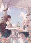  2girls black_dress black_nails blonde_hair blue_sky blurry blurry_foreground blush bow brown_hair chair closed_eyes cloud collared_shirt cup curusucururi dress dress_bow drinking elbows_on_table feet_out_of_frame flower food gazebo hair_flower hair_ornament hair_ribbon hands_up hashtag-only_commentary head_on_hands head_rest highres holding holding_cup kneehighs long_hair long_sleeves looking_down multiple_girls nail_polish on_chair original outdoors petticoat pinafore_dress pink_eyes plant puffy_long_sleeves puffy_sleeves red_flower ribbon rose shirt signature sitting sky sleeveless sleeveless_dress socks sweets swept_bangs table tablecloth teacup teapot tiered_tray two_side_up vines watermark white_nails white_ribbon white_shirt white_socks 