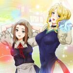  2girls apron arms_behind_head black_dress blonde_hair blouse blue_eyes blush bow bowtie breasts brown_hair commentary_request covered_navel dress earrings frilled_sleeves frills hair_bun headscarf jewelry juliet_sleeves large_breasts lens_flare long_sleeves ma-sa medium_hair michaela_(tonsuki) multiple_girls open_mouth parted_bangs partial_commentary pinafore_dress puffy_long_sleeves puffy_short_sleeves puffy_sleeves receptionist_(tonsuki) red_bow red_bowtie red_lips shirt short_sleeves side_slit sleeveless sleeveless_dress smile tondemo_skill_de_isekai_hourou_meshi white_shirt 