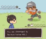  2boys antenna_hair baseball_cap black_eyes black_hair blue_jacket blush bright_pupils brown_hair camouflage camouflage_shorts chibi chibi_only closed_mouth collared_jacket dark-skinned_male dark_skin english_text grass green_shoes grey_hat grin hat hood hoodie jacket kel_(birthday)_(omori) kel_(faraway)_(omori) kel_(omori) long_sleeves looking_at_another low_ponytail male_focus multiple_boys omori open_mouth orange_hoodie pokemon ponytail shoes short_hair short_ponytail shorts smile sneakers sun_iiinu sunny_(birthday)_(omori) sunny_(omori) teeth white_pupils 