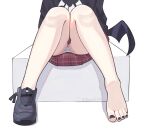  1girl absurdres bare_legs barefoot black_hoodie black_nails blue_archive feet grey_shoes head_out_of_frame highres hood hoodie kayoko_(blue_archive) knees_together_feet_apart legs long_sleeves low_wings nail_polish panties plaid_clothes plaid_skirt red_skirt ryyr7242 shadow shoes single_shoe sitting skirt solo thighs toenail_polish toenails toes underwear white_panties wings 