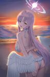  1girl absurdres angel_wings ass bikini blue_archive doggo34476335 feathered_wings gradient_halo halo highres low_wings mika_(blue_archive) mika_(swimsuit)_(blue_archive) multicolored_halo official_alternate_hairstyle pink_hair pink_halo solo swimsuit white_bikini white_wings wings 